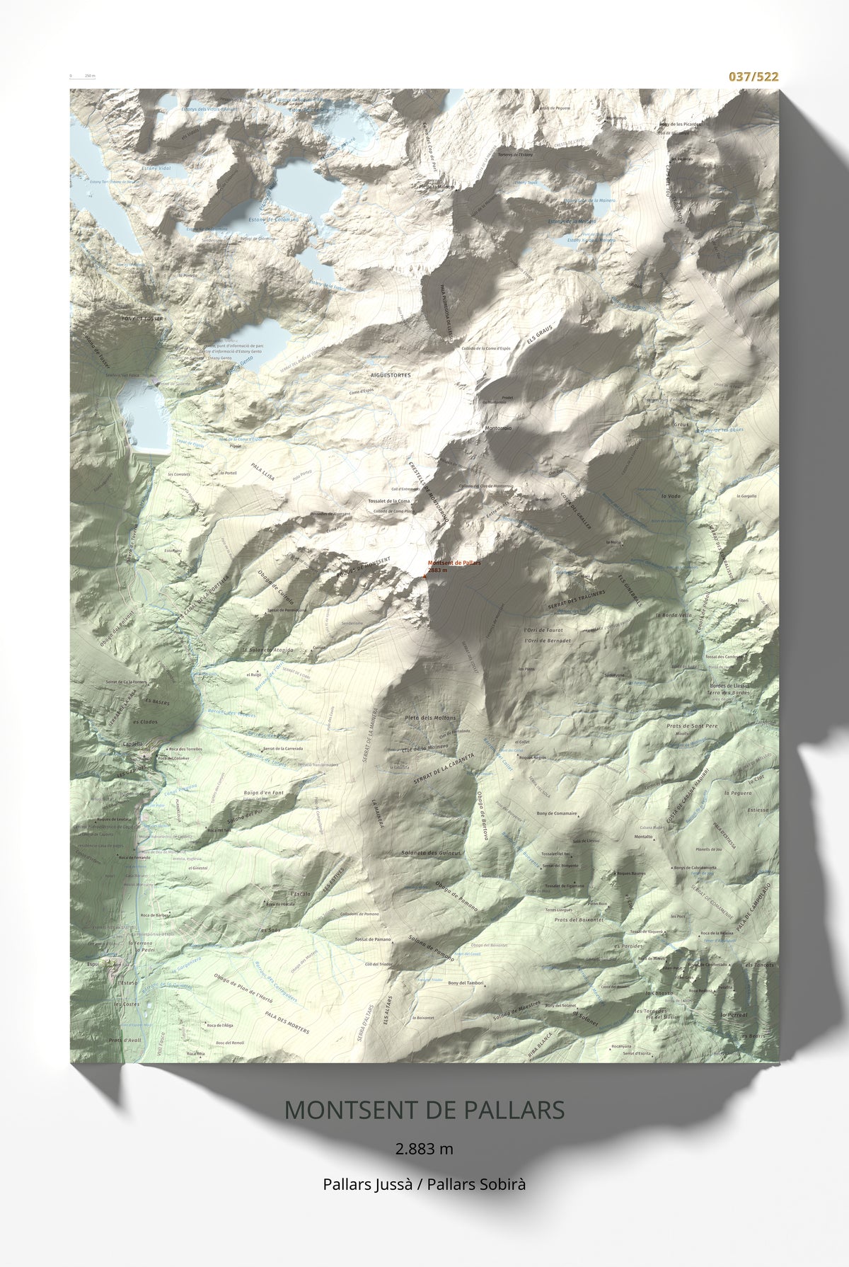 Mapa de relieve de Montsent de Pallars, 2883 m, Pallars Jussà · Pallars Sobirà, lámina 100 Cims de Trobart 61 × 91 cm.