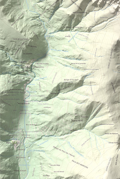 Mapa de relieve de Montsent de Pallars, 2883 m, Pallars Jussà · Pallars Sobirà, lámina 100 Cims de Trobart. Detalle de la zona inferior izquierda. 61 × 91 cm.