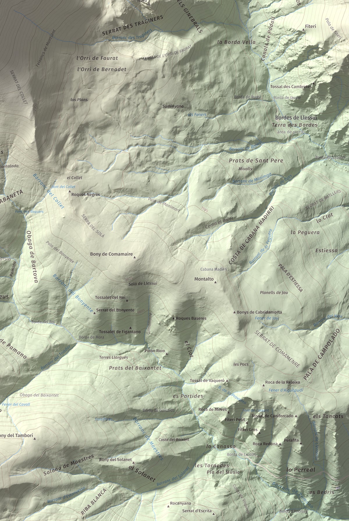 Mapa de relieve de Montsent de Pallars, 2883 m, Pallars Jussà · Pallars Sobirà, lámina 100 Cims de Trobart. Detalle de la zona inferior derecha. 61 × 91 cm.