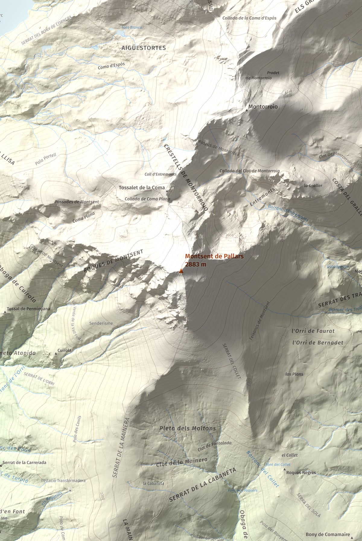 Mapa de relieve de Montsent de Pallars, 2883 m, Pallars Jussà · Pallars Sobirà, lámina 100 Cims de Trobart. Detalle de la zona central. 61 × 91 cm.