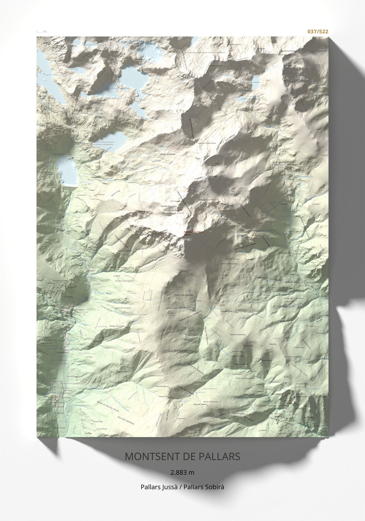 Mapa de relieve de Montsent de Pallars, 2883 m, Pallars Jussà · Pallars Sobirà, lámina 100 Cims de Trobart 70 × 100 cm.