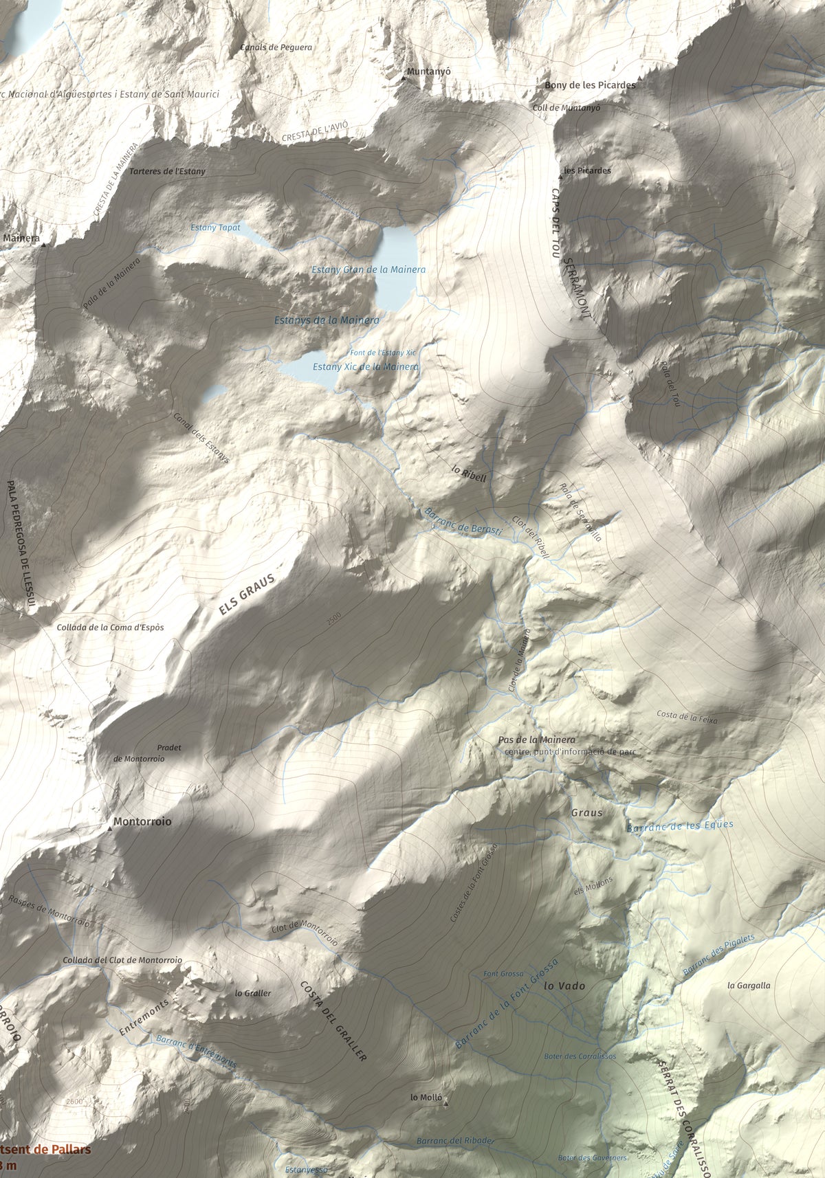 Mapa de relieve de Montsent de Pallars, 2883 m, Pallars Jussà · Pallars Sobirà, lámina 100 Cims de Trobart. Detalle de la zona superior derecha. 70 × 100 cm.