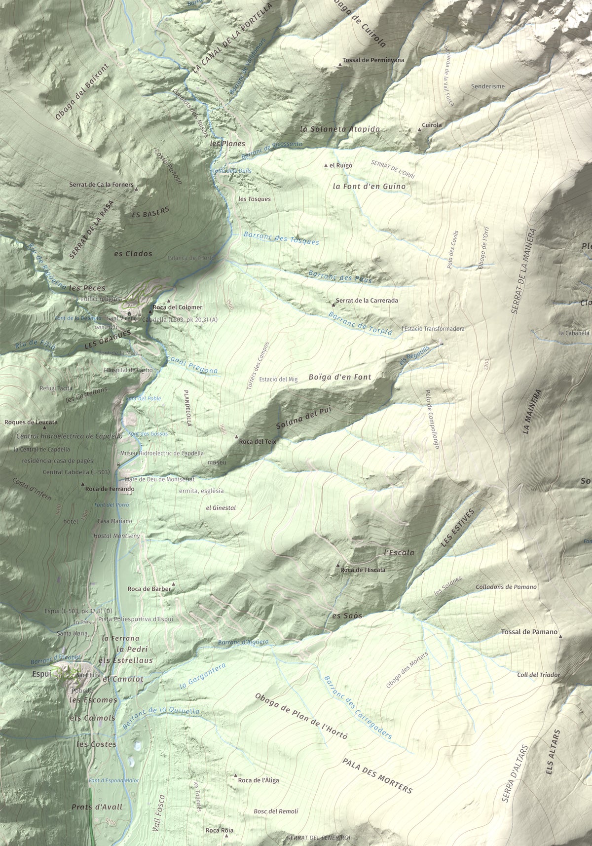 Mapa de relieve de Montsent de Pallars, 2883 m, Pallars Jussà · Pallars Sobirà, lámina 100 Cims de Trobart. Detalle de la zona inferior izquierda. 70 × 100 cm.