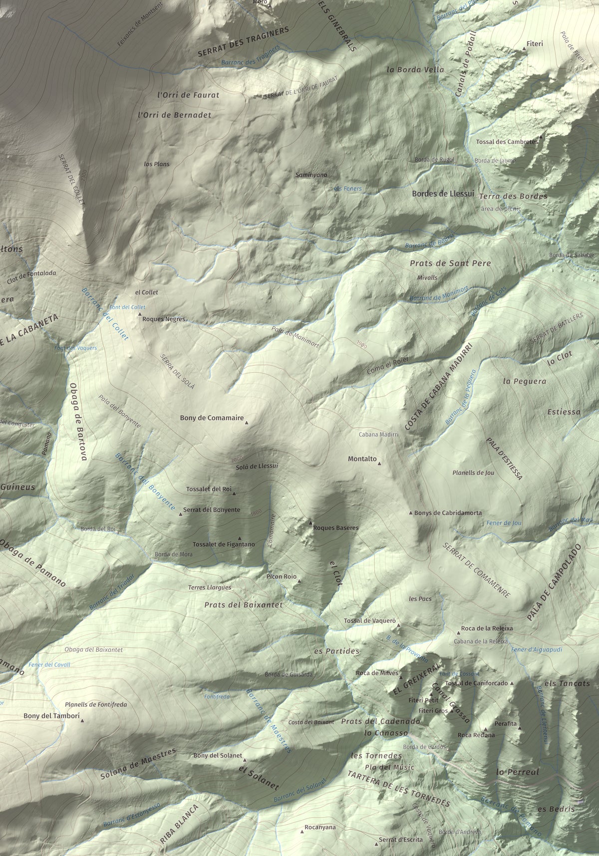 Mapa de relieve de Montsent de Pallars, 2883 m, Pallars Jussà · Pallars Sobirà, lámina 100 Cims de Trobart. Detalle de la zona inferior derecha. 70 × 100 cm.
