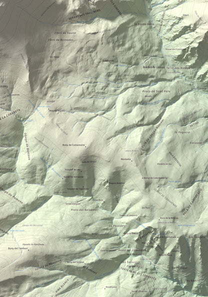 Mapa de relieve de Montsent de Pallars, 2883 m, Pallars Jussà · Pallars Sobirà, lámina 100 Cims de Trobart. Detalle de la zona inferior derecha. 70 × 100 cm.