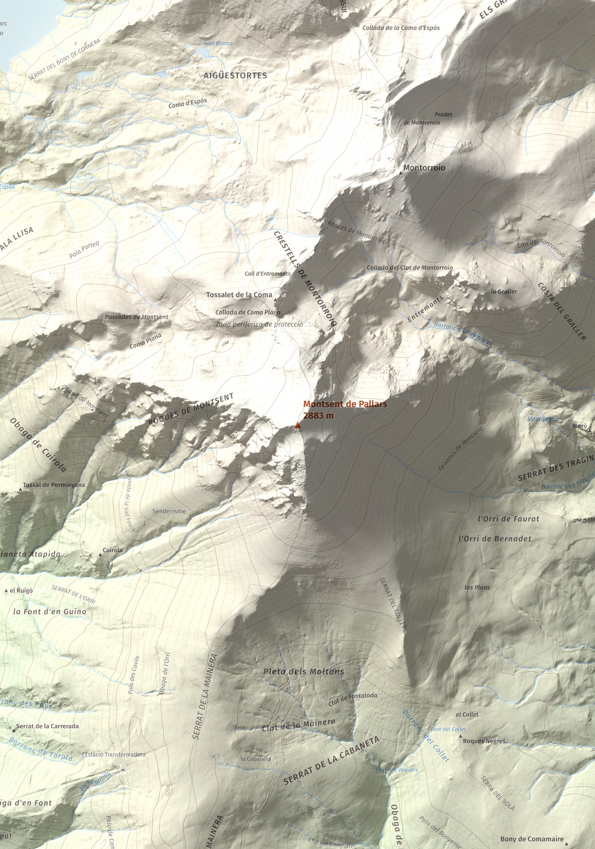 Mapa de relieve de Montsent de Pallars, 2883 m, Pallars Jussà · Pallars Sobirà, lámina 100 Cims de Trobart. Detalle de la zona central. 70 × 100 cm.