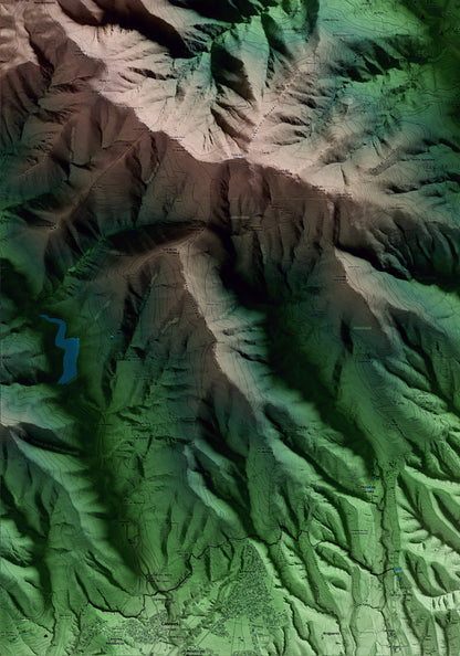 Mapa artístico del relieve de Montseny, al Vallès Oriental, con 15 km de entorno y base topográfica ICGC. Detalle de la zona inferior izquierda.