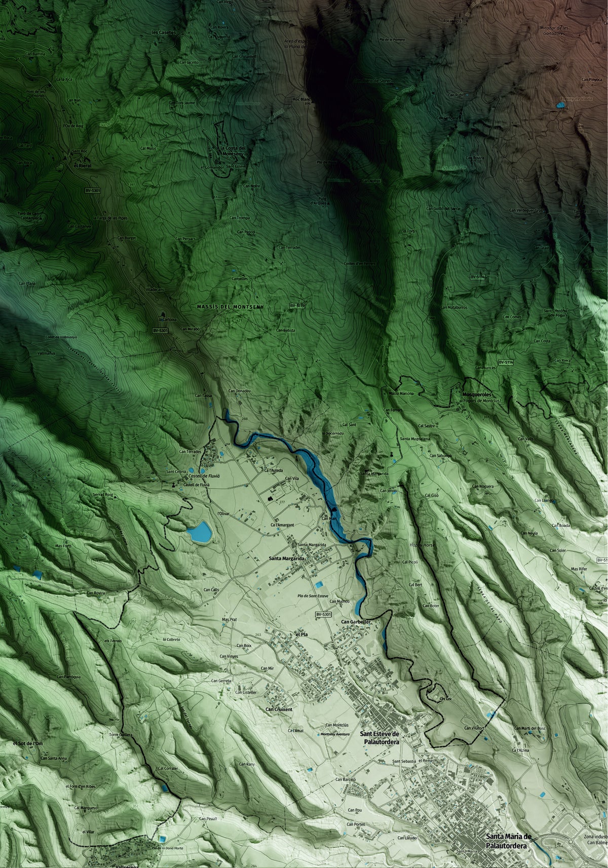 Mapa artístico del relieve de Montseny, al Vallès Oriental, con 15 km de entorno y base topográfica ICGC. Detalle de la zona inferior derecha.