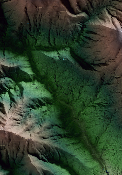 Mapa artístico del relieve de Montseny, al Vallès Oriental, con 15 km de entorno y base topográfica ICGC. Detalle de la zona central.