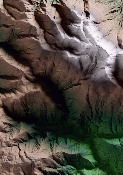 Mapa artístico del relieve de Montseny, al Vallès Oriental, con 15 km de entorno y base topográfica ICGC. Detalle de la zona superior izquierda.