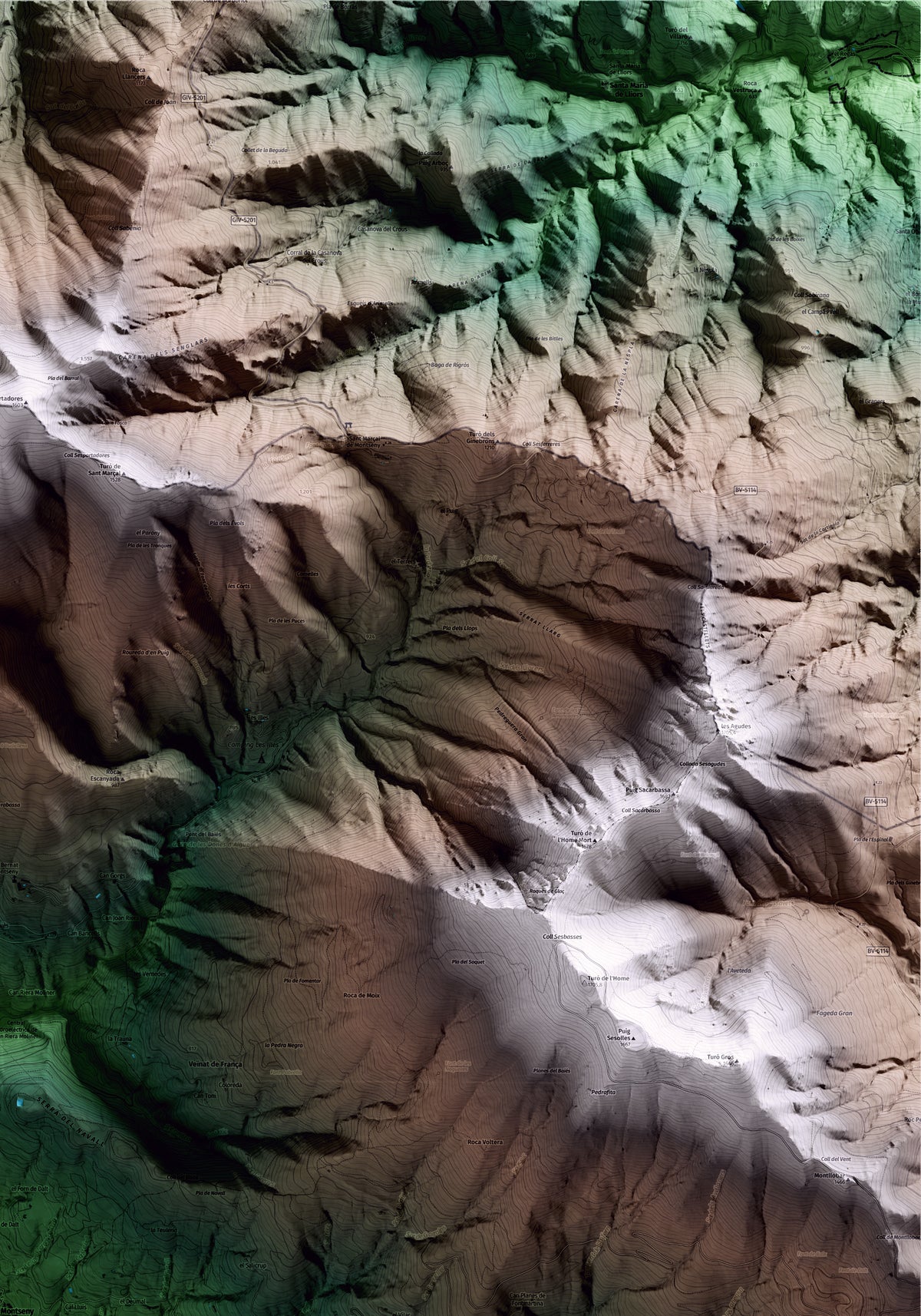 Mapa artístico del relieve de Montseny, al Vallès Oriental, con 15 km de entorno y base topográfica ICGC. Detalle de la zona superior derecha.
