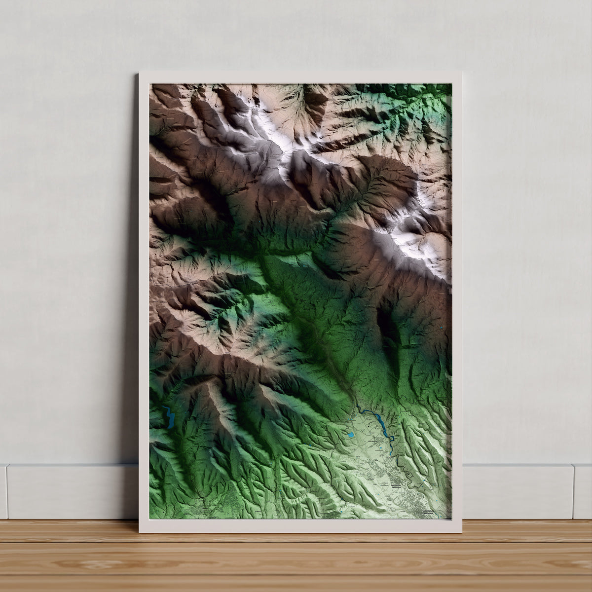 Mapa artístico del relieve de Montseny, al Vallès Oriental, con 15 km de entorno y base topográfica ICGC. Presentación enmarcada.