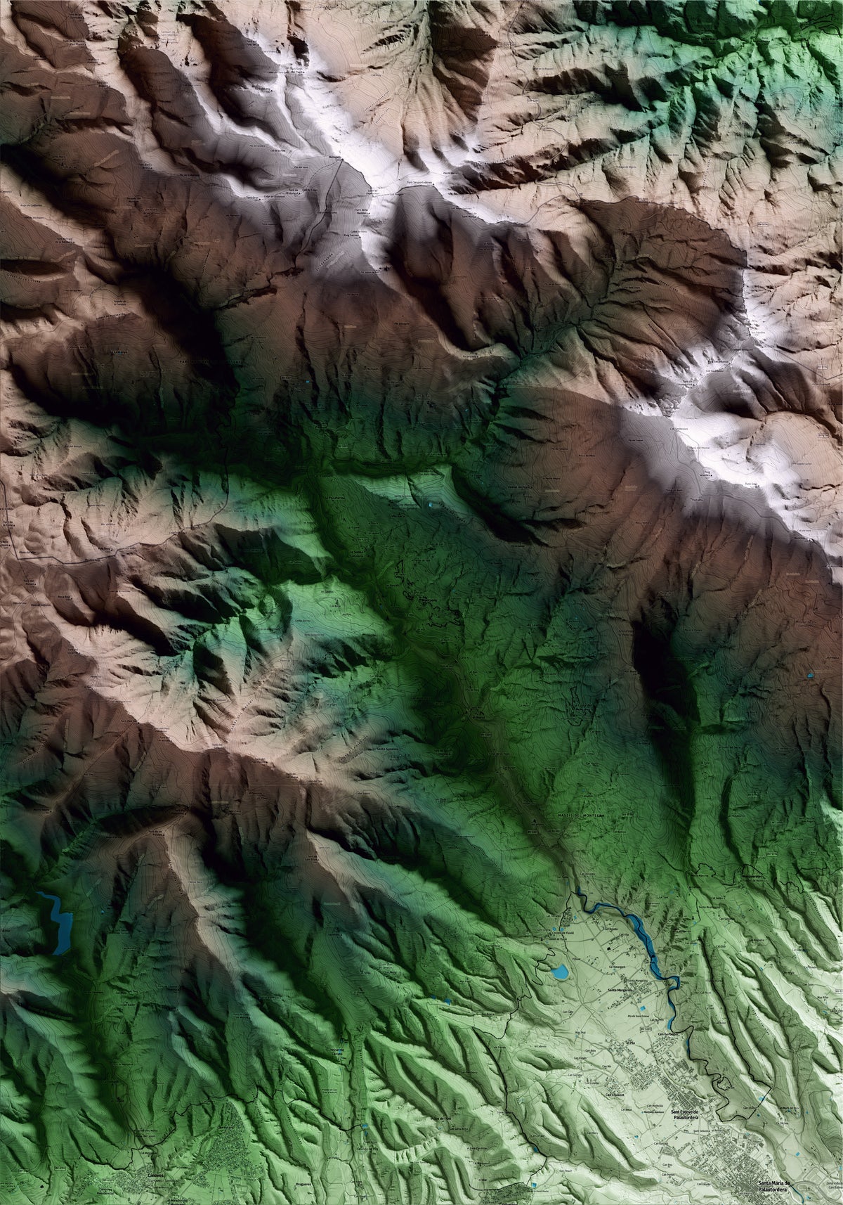 Mapa artístico del relieve de Montseny, al Vallès Oriental, con 15 km de entorno y base topográfica ICGC