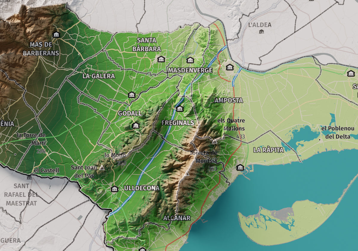 Mapa de relieve del Montsià, con el territorio en color y el entorno en blanco. Detalle de la zona central. 21 × 30 cm. Estilo Clásico.