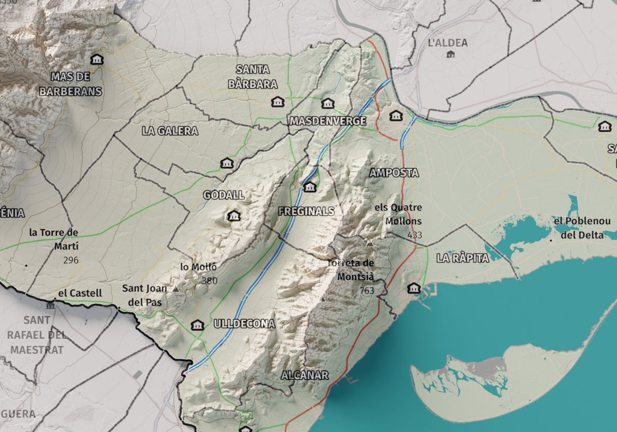 Mapa de relieve del Montsià, con el territorio en color y el entorno en blanco. Detalle de la zona central. 21 × 30 cm. Estilo Cartográfico.