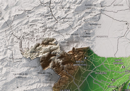 Mapa de relieve del Montsià, con el territorio en color y el entorno en blanco. Detalle de la zona superior izquierda. 21 × 30 cm. Estilo Clásico.