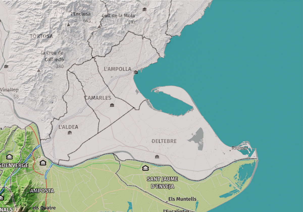 Mapa de relieve del Montsià, con el territorio en color y el entorno en blanco. Detalle de la zona superior derecha. 21 × 30 cm. Estilo Clásico.