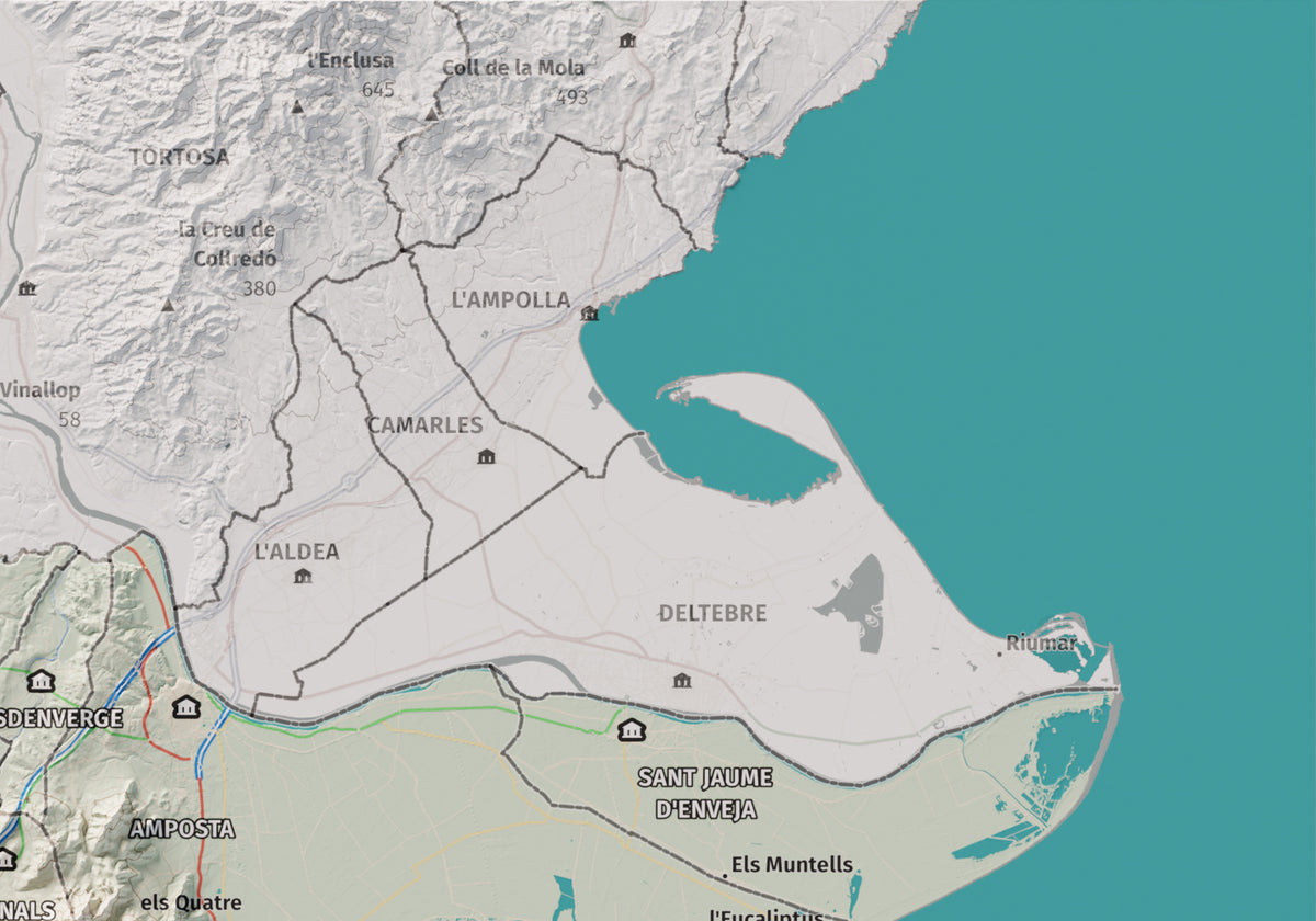 Mapa de relieve del Montsià, con el territorio en color y el entorno en blanco. Detalle de la zona superior derecha. 21 × 30 cm. Estilo Cartográfico.