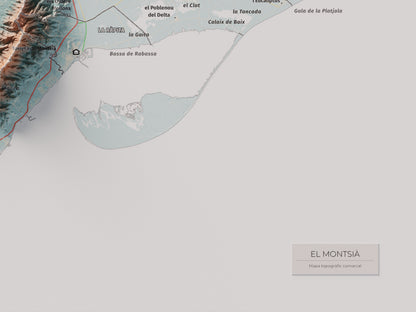 Mapa de relieve del Montsià, con el territorio en color y el entorno en blanco. Detalle de la zona inferior derecha. 30 × 40 cm. Estilo Azul y naranja.