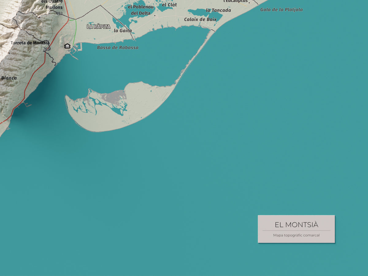 Mapa de relieve del Montsià, con el territorio en color y el entorno en blanco. Detalle de la zona inferior derecha. 30 × 40 cm. Estilo Cartográfico.