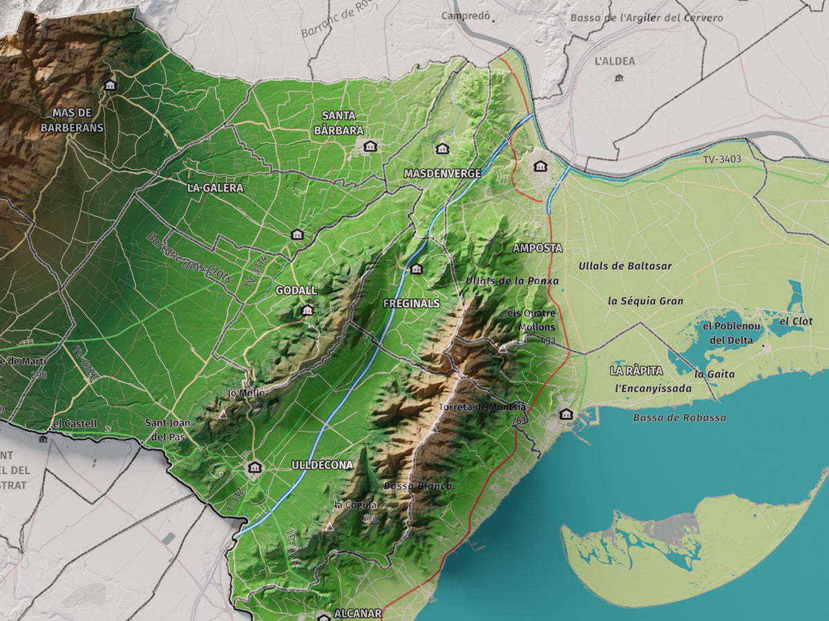 Mapa de relieve del Montsià, con el territorio en color y el entorno en blanco. Detalle de la zona central. 30 × 40 cm. Estilo Clásico.