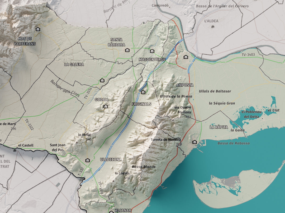 Mapa de relieve del Montsià, con el territorio en color y el entorno en blanco. Detalle de la zona central. 30 × 40 cm. Estilo Cartográfico.
