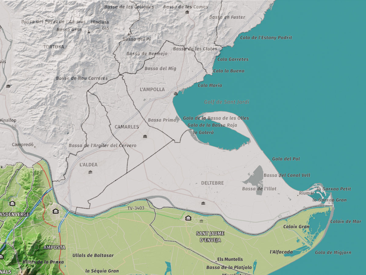 Mapa de relieve del Montsià, con el territorio en color y el entorno en blanco. Detalle de la zona superior derecha. 30 × 40 cm. Estilo Clásico.