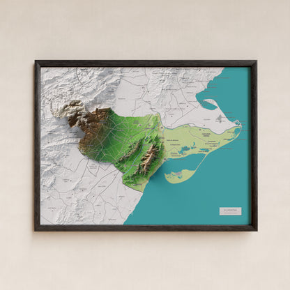 Mapa de relieve del Montsià, con el territorio en color y el entorno en blanco. Presentación con marco. 30 × 40 cm. Estilo Clásico.