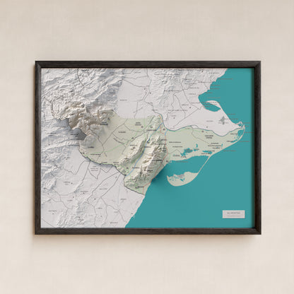 Mapa de relieve del Montsià, con el territorio en color y el entorno en blanco. Presentación con marco. 30 × 40 cm. Estilo Cartográfico.