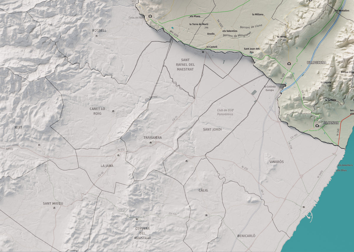 Mapa de relieve del Montsià, con el territorio en color y el entorno en blanco. Detalle de la zona inferior izquierda. 50 × 70 cm. Estilo Cartográfico.