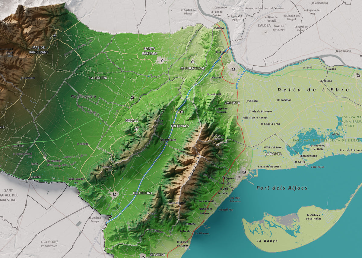Mapa de relieve del Montsià, con el territorio en color y el entorno en blanco. Detalle de la zona central. 50 × 70 cm. Estilo Clásico.