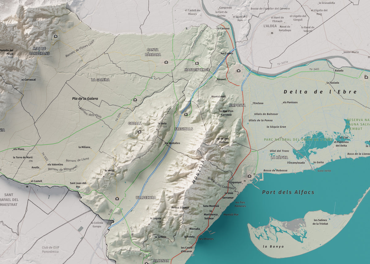 Mapa de relieve del Montsià, con el territorio en color y el entorno en blanco. Detalle de la zona central. 50 × 70 cm. Estilo Cartográfico.