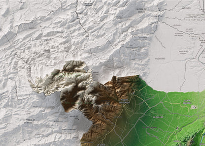 Mapa de relieve del Montsià, con el territorio en color y el entorno en blanco. Detalle de la zona superior izquierda. 50 × 70 cm. Estilo Clásico.