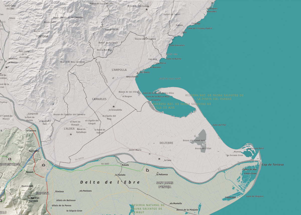 Mapa de relieve del Montsià, con el territorio en color y el entorno en blanco. Detalle de la zona superior derecha. 50 × 70 cm. Estilo Cartográfico.