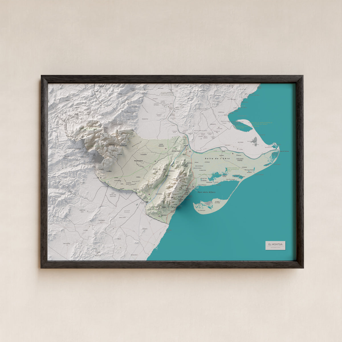 Mapa de relieve del Montsià, con el territorio en color y el entorno en blanco. Presentación con marco. 50 × 70 cm. Estilo Cartográfico.