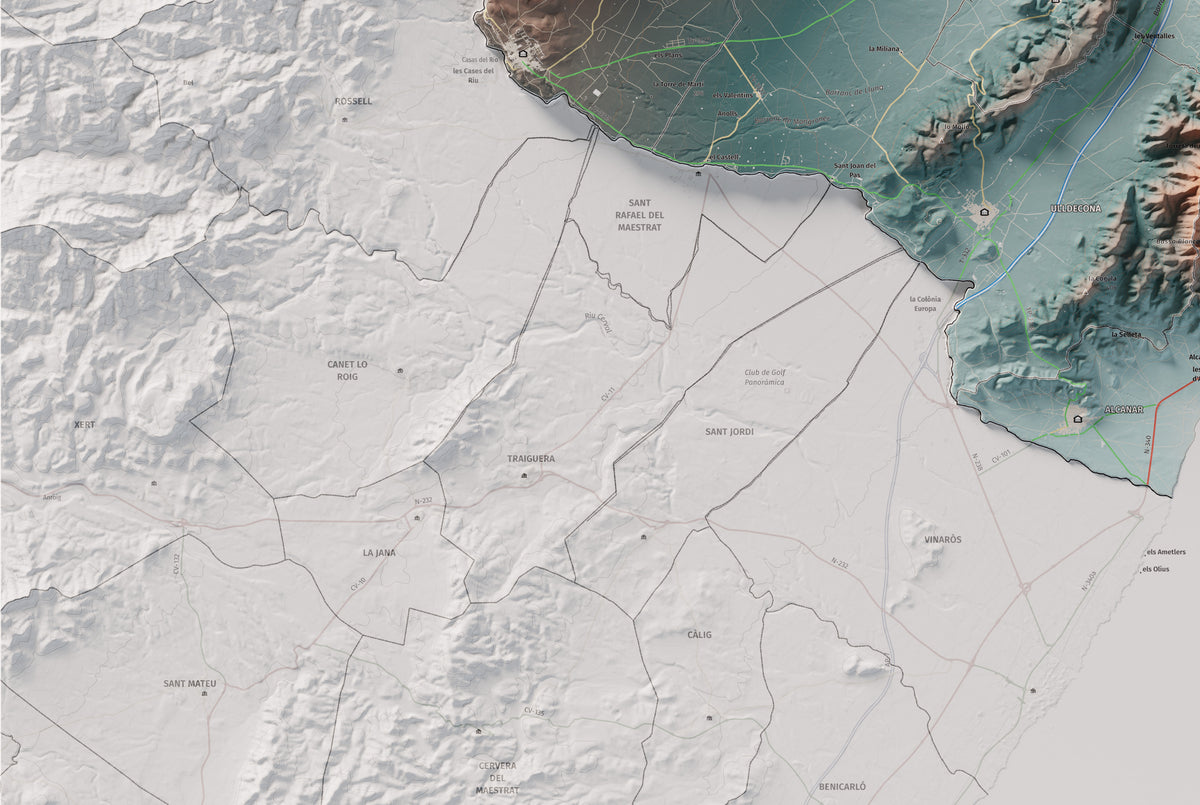 Mapa de relieve del Montsià, con el territorio en color y el entorno en blanco. Detalle de la zona inferior izquierda. 61 × 91 cm. Estilo Azul y naranja.