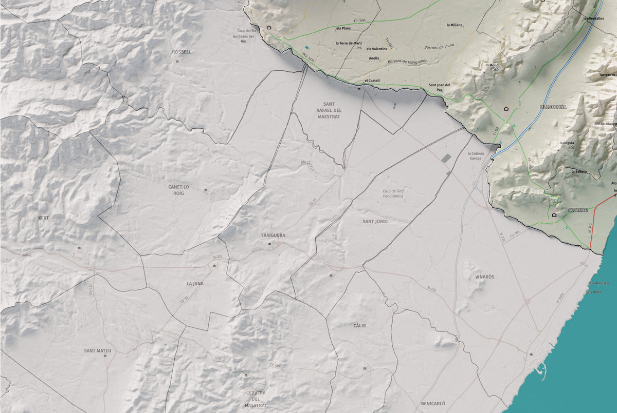 Mapa de relieve del Montsià, con el territorio en color y el entorno en blanco. Detalle de la zona inferior izquierda. 61 × 91 cm. Estilo Cartográfico.