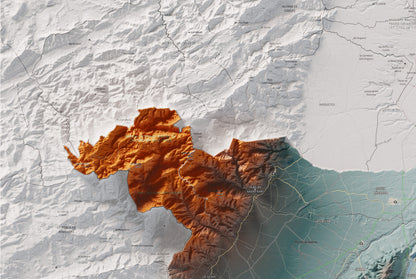 Mapa de relieve del Montsià, con el territorio en color y el entorno en blanco. Detalle de la zona superior izquierda. 61 × 91 cm. Estilo Azul y naranja.