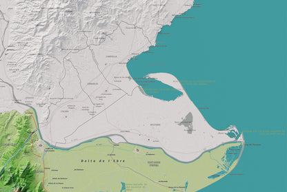 Mapa de relieve del Montsià, con el territorio en color y el entorno en blanco. Detalle de la zona superior derecha. 61 × 91 cm. Estilo Clásico.