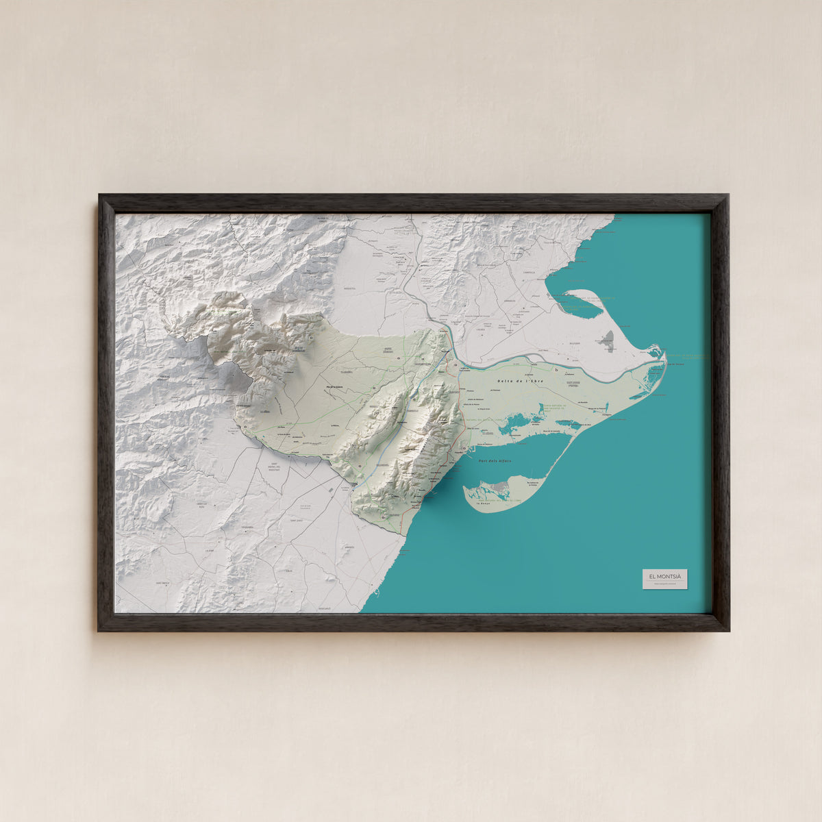 Mapa de relieve del Montsià, con el territorio en color y el entorno en blanco. Presentación con marco. 61 × 91 cm. Estilo Cartográfico.