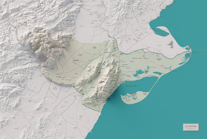 Mapa de relieve del Montsià, con el territorio en color y el entorno en blanco. Vista completa de la lámina. 61 × 91 cm. Estilo Cartográfico.