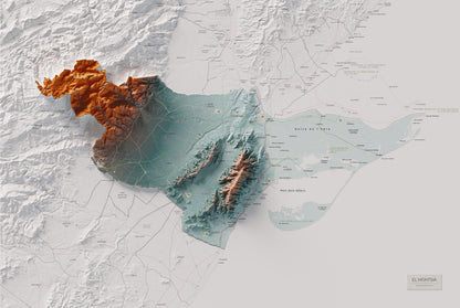 Mapa de relieve del Montsià, con el territorio en color y el entorno en blanco. Vista completa de la lámina. 61 × 91 cm. Estilo Azul y naranja.