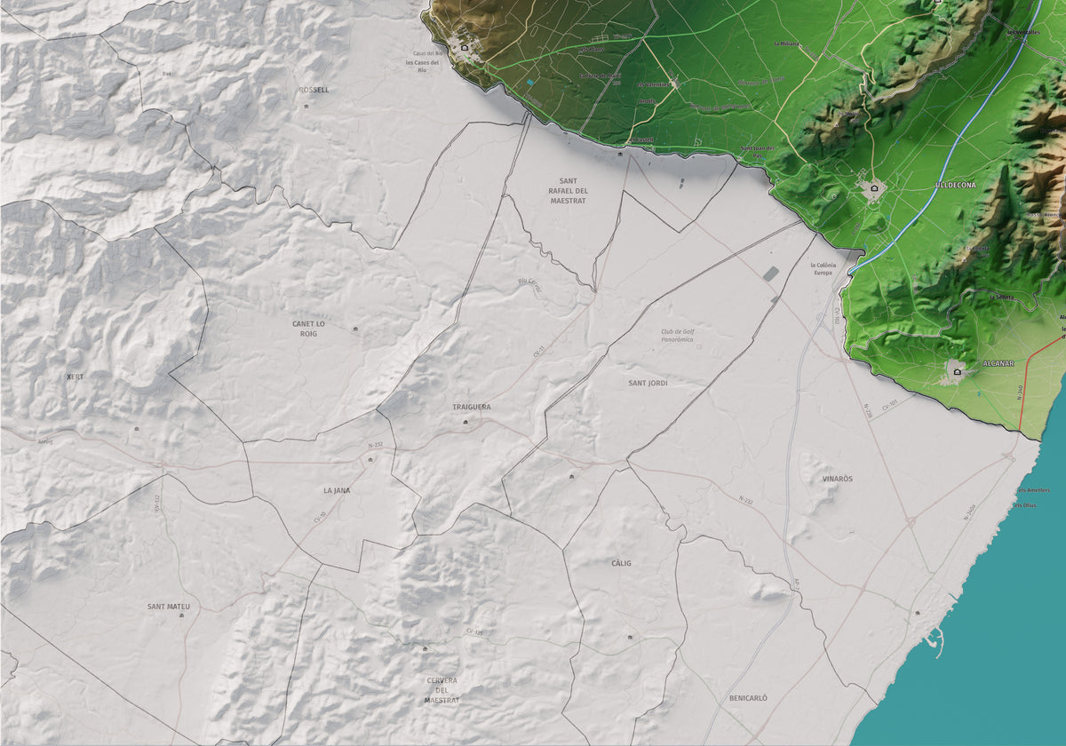 Mapa de relieve del Montsià, con el territorio en color y el entorno en blanco. Detalle de la zona inferior izquierda. 70 × 100 cm. Estilo Clásico.