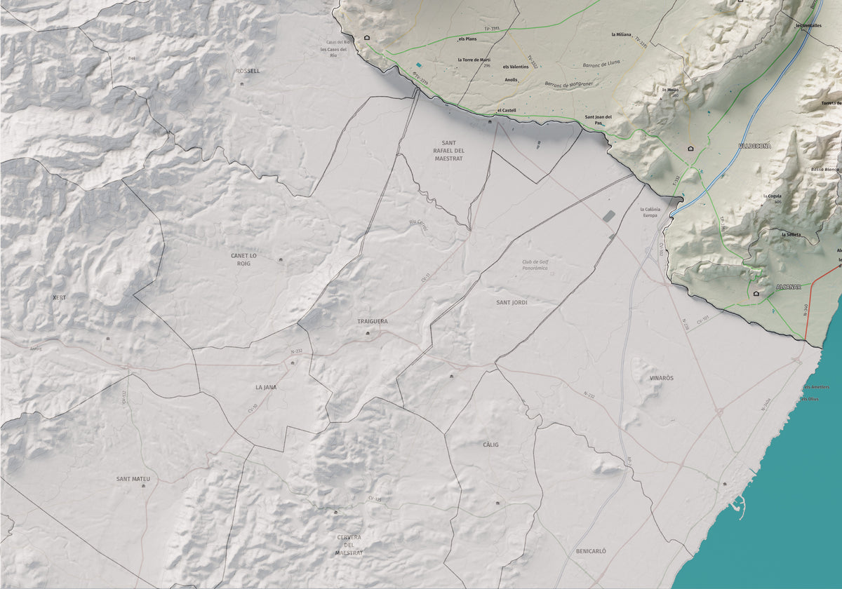 Mapa de relieve del Montsià, con el territorio en color y el entorno en blanco. Detalle de la zona inferior izquierda. 70 × 100 cm. Estilo Cartográfico.