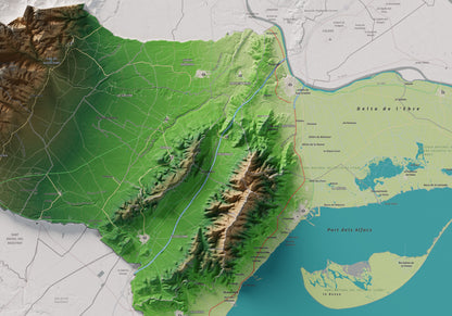 Mapa de relieve del Montsià, con el territorio en color y el entorno en blanco. Detalle de la zona central. 70 × 100 cm. Estilo Clásico.