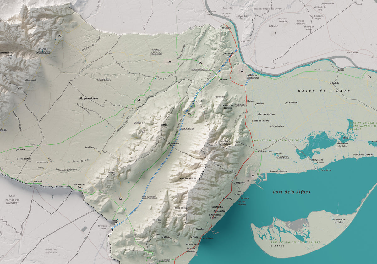 Mapa de relieve del Montsià, con el territorio en color y el entorno en blanco. Detalle de la zona central. 70 × 100 cm. Estilo Cartográfico.