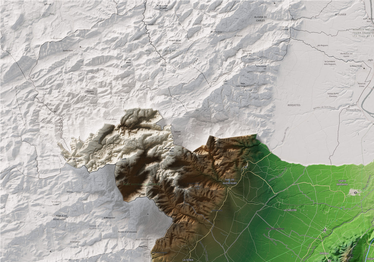 Mapa de relieve del Montsià, con el territorio en color y el entorno en blanco. Detalle de la zona superior izquierda. 70 × 100 cm. Estilo Clásico.