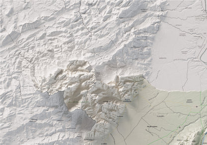 Mapa de relieve del Montsià, con el territorio en color y el entorno en blanco. Detalle de la zona superior izquierda. 70 × 100 cm. Estilo Cartográfico.