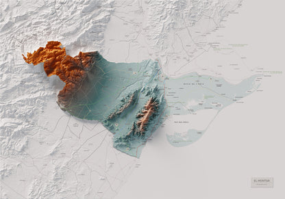 Mapa de relieve del Montsià, con el territorio en color y el entorno en blanco. Vista completa de la lámina. 70 × 100 cm. Estilo Azul y naranja.