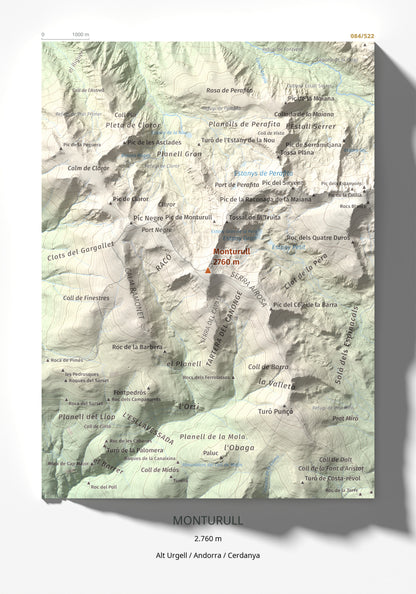 Mapa de relieve de Monturull, 2760 m, Alt Urgell · Andorra · Cerdanya, lámina 100 Cims de Trobart 21 × 30 cm.